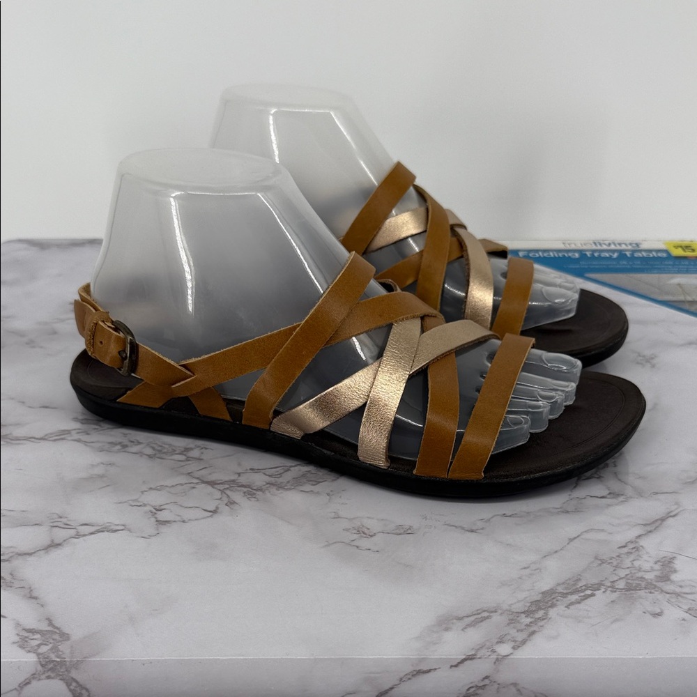 OluKai Tan and Metallic Gold Leather Strappy Sandals
